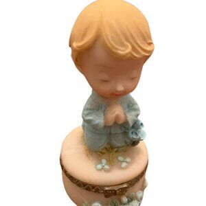 Vintage First Holy Communion Trinket Carved Box Boy Child Praying 4" tall